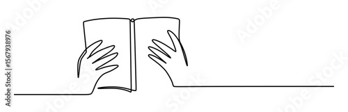 continuous line art of someone reading a book. vector illustration of a hand holding a book. learning concept