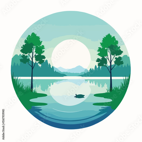 a flat vector logo of a lake with tree reflections inside a circle