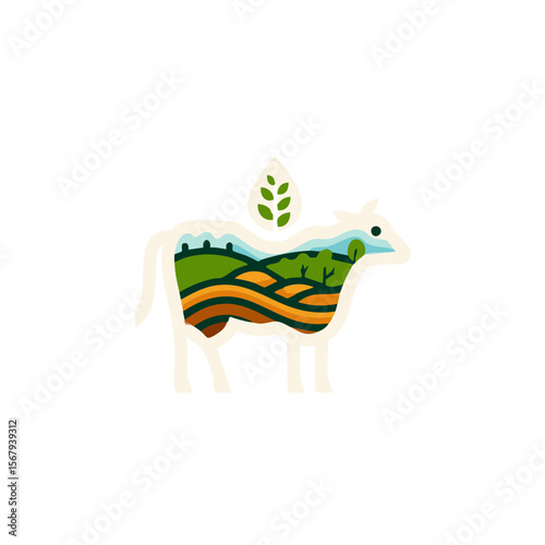 Cow farm animal agriculture nature landscape field organic dairy farm logo design vector illustration