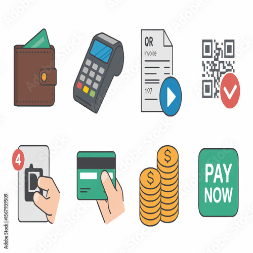 Payment methods online payment qr code mobile payment pos terminal credit card wallet and coins vector