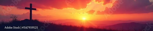 Silhouetted Cross at Sunset Peaceful Landscape Photo of Hope and Faith, Ideal for Easter, Religious, and Inspirational Designs