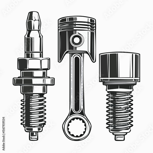 Vector illustration of metal engine parts with electric and technology elements