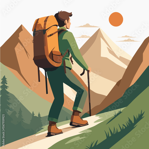 a flat vector logo of a single person with a backpack hiking up a hill or mountain