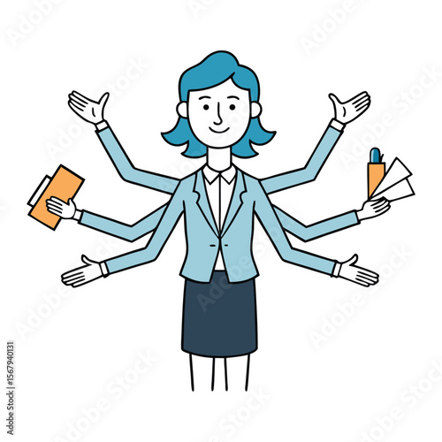 A multitasking woman with many hands juggling chores, work, and life—cooking, cleaning, typing, and parenting—all at once with energy, grace, and determination.
