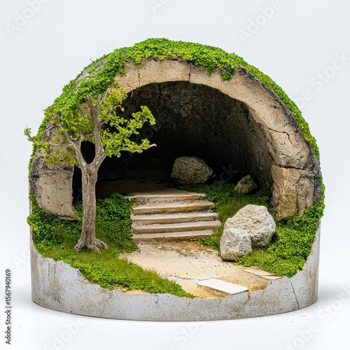 Miniature Stone Cave with Mossy Exterior and Small Tree