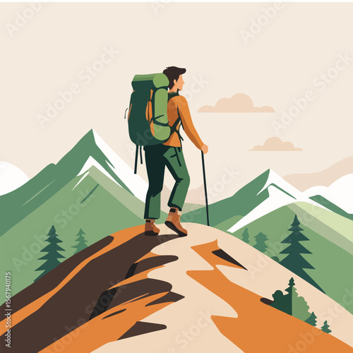Minimal Hiker on Mountain Flat Illustration