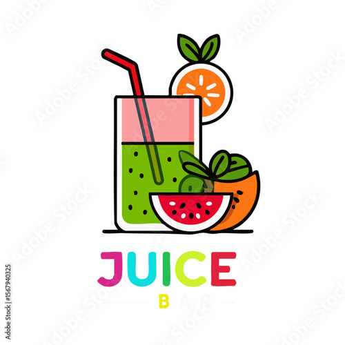 Juice bar logo design vector illustration with fresh fruit juice drink and healthy beverage for summer time