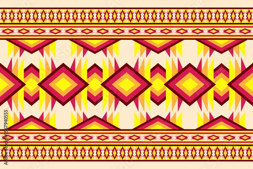 Repeating geometric pattern with diamond shapes and triangular accents in red yellow and orange on a cream background