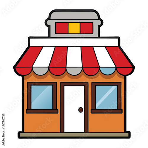Charming isolated cartoon restaurant with a cozy roof, bright windows, and a welcoming sign—perfectly set for delicious meals in a playful, whimsical world.
