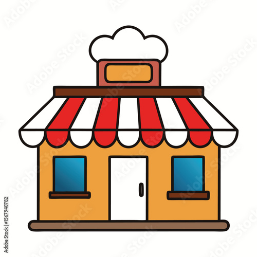 Charming isolated cartoon restaurant with a cozy roof, bright windows, and a welcoming sign—perfectly set for delicious meals in a playful, whimsical world.
