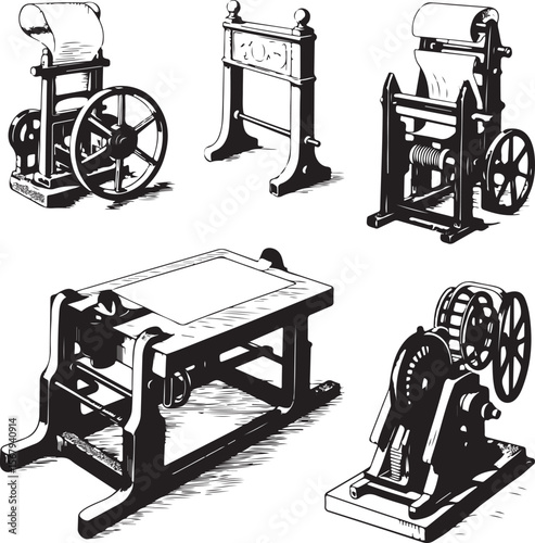 vintage industrial machinery set, black and white vector illustration of antique mechanical equipment used in printing, engineering, and textile production