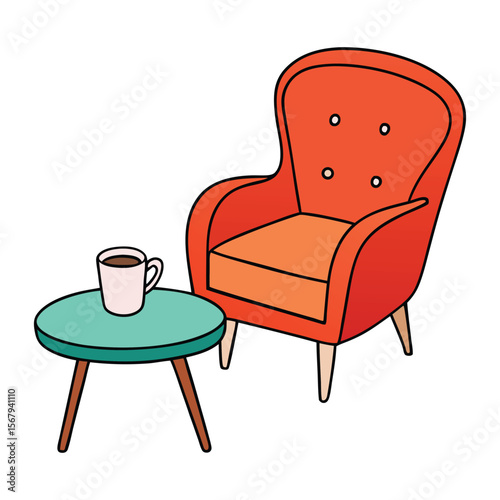 A retro-modern chair with sleek curves pairs perfectly with a matching side table, topped with a steaming coffee cup—blending vintage charm and contemporary comfort.
