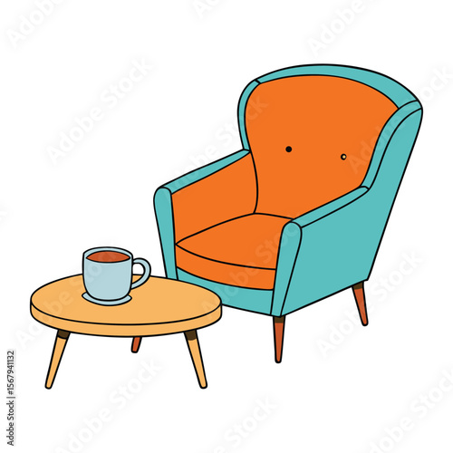 A retro-modern chair with sleek curves pairs perfectly with a matching side table, topped with a steaming coffee cup—blending vintage charm and contemporary comfort.
