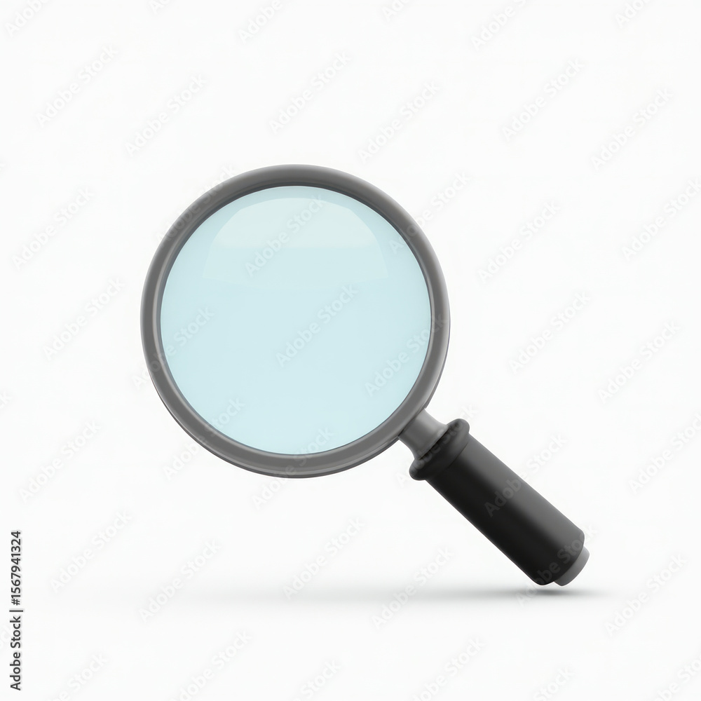 3D Magnifying Glass Emoji Icon with Black Handle and Clear Glass Lens Isolated on White Background 3D Magnifying Glass Emoji Icon with Black Handle and Clear Glass Lens Isolated on White Background