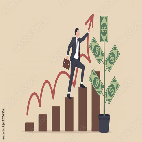 Businessman success growth chart money tree investment financial planning career development vector art