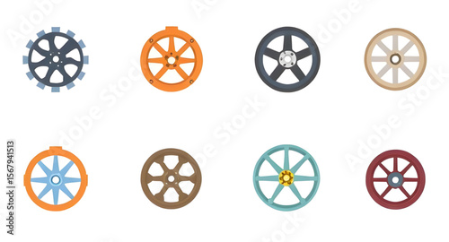 Set of wheels, Collection of wheels, Car wheels set, Wheel icons, Tire set, Wheels assortment, Spoked wheels, Alloy wheels set, Bicycle wheels, Truck wheels set, Vehicle wheels, Wheel pack, Rolling wh