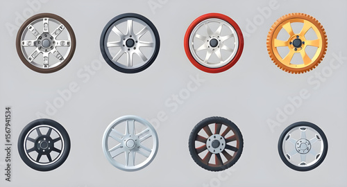 Set of wheels, Collection of wheels, Car wheels set, Wheel icons, Tire set, Wheels assortment, Spoked wheels, Alloy wheels set, Bicycle wheels, Truck wheels set, Vehicle wheels, Wheel pack, Rolling wh