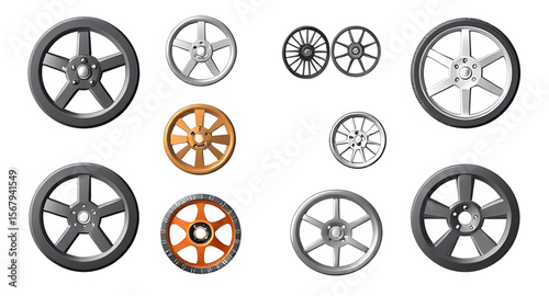 Set of wheels, Collection of wheels, Car wheels set, Wheel icons, Tire set, Wheels assortment, Spoked wheels, Alloy wheels set, Bicycle wheels, Truck wheels set, Vehicle wheels, Wheel pack, Rolling wh