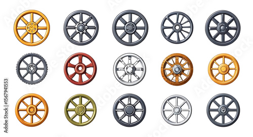 Set of wheels, Collection of wheels, Car wheels set, Wheel icons, Tire set, Wheels assortment, Spoked wheels, Alloy wheels set, Bicycle wheels, Truck wheels set, Vehicle wheels, Wheel pack, Rolling wh