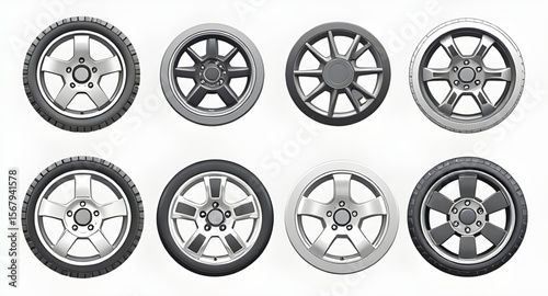 Set of wheels, Collection of wheels, Car wheels set, Wheel icons, Tire set, Wheels assortment, Spoked wheels, Alloy wheels set, Bicycle wheels, Truck wheels set, Vehicle wheels, Wheel pack, Rolling wh