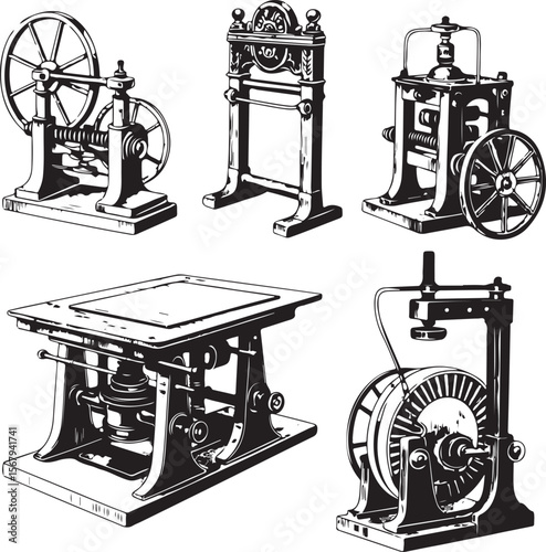 vintage industrial machinery set, black and white vector illustration of antique mechanical equipment used in printing, engineering, and textile production