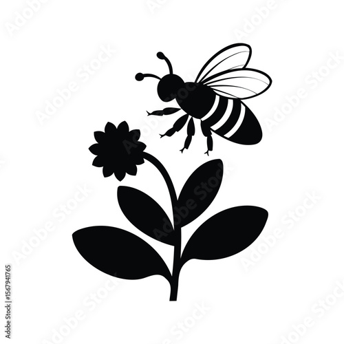 Silhouette of a bee approaching a flower against a plain white background