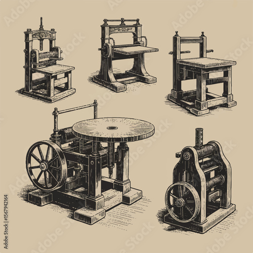  vintage industrial machine illustration set, antique printing and textile equipment in engraved sketch style on beige background