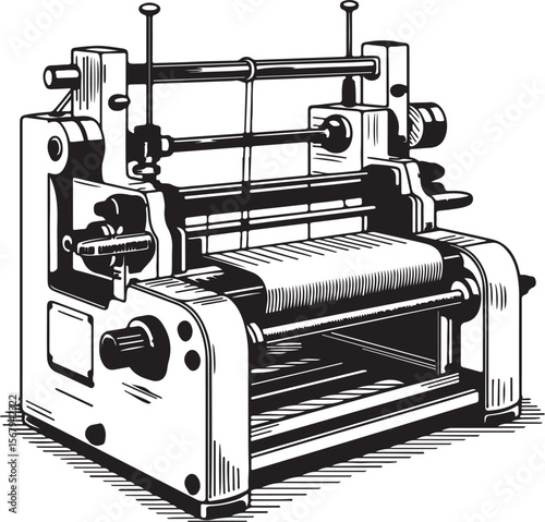 vintage textile weaving machine silhouette, detailed black vector illustration of industrial fabric loom with overhead light