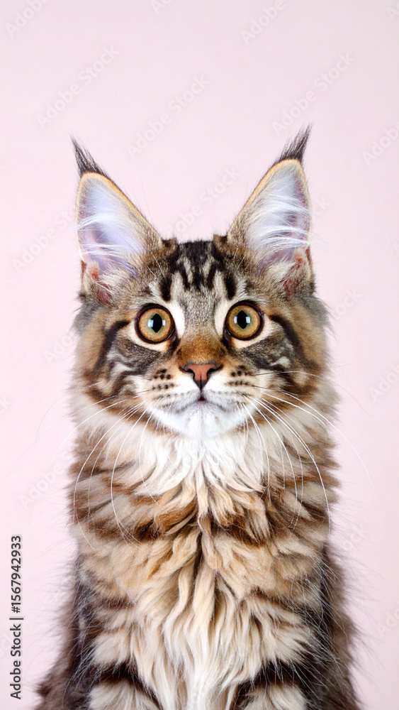 Obraz premium Maine Coon or tabby cat with fluffy fur staring intensely at camera in vertical studio shot
