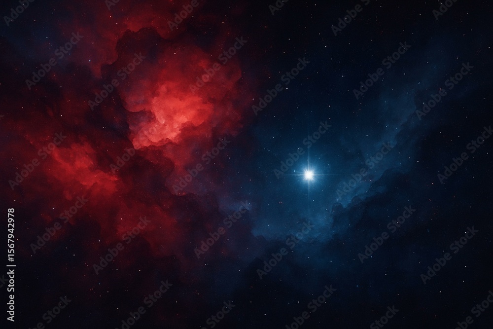 Naklejka premium A cosmic image showing a nebula in deep red and blue hues, with a bright star shining at the center, creating a captivating space scene.