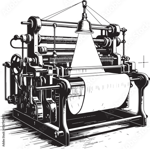 vintage textile weaving machine silhouette, detailed black vector illustration of industrial fabric loom with overhead light