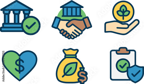 Flat vector icons of ethical banking and responsible investment: verified bank, financial partnership, sustainable funding, eco loan, value-driven finance, green money, financial transparency