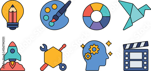 Creative process and innovation flat icon set. New ideas, visual art, handicrafts, creative thinking, design, brainstorming, modeling,video creativity, imagination