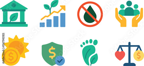 Flat vector icons of ethical finance and sustainability: green bank, impact investing, fossil fuel ban, community funding, sustainable loan, carbon footprint, financial security, social impact score