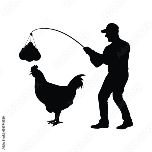 The silhouette of a man using bait to lure a chicken