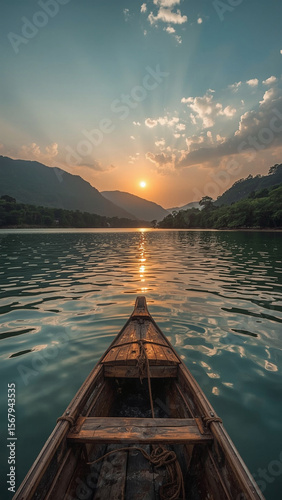 Fototapeta Naklejka Na Ścianę i Meble -  AI image of an aerial view of a serene lake landscape, surrounded by soft, rolling mountains with lush green forests, featuring a worn, wooden boat gently drifting on the calm waters.