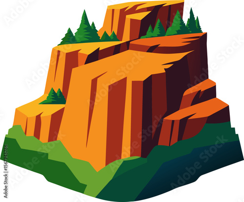 Cartoon rocky cliff illustration, orange stone mountain, pine trees, nature landscape, adventure terrain, vector design