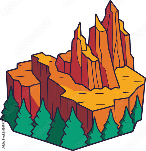 Canyon landscape with jagged cliffs, pine forest, orange rock formation, outdoor adventure, nature terrain, vector illustration