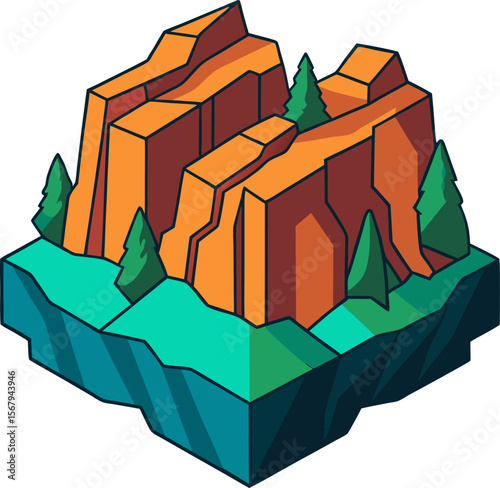 Isometric rocky plateau, orange cliffs with green pines, stylized mountain landscape, nature adventure, vector art