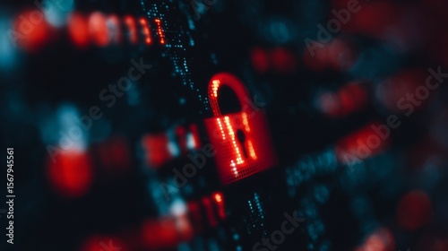 Glowing red padlock on dark digital interface symbolizing cryptocurrency security breach, blockchain technology concept for cyber security and data protection.