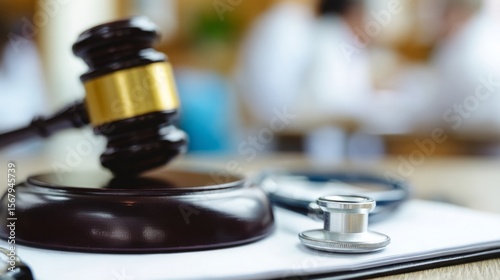 Gavel resting on medical documents symbolizing health-related legal dispute, healthcare law and justice system concept, medical malpractice or insurance claim case.