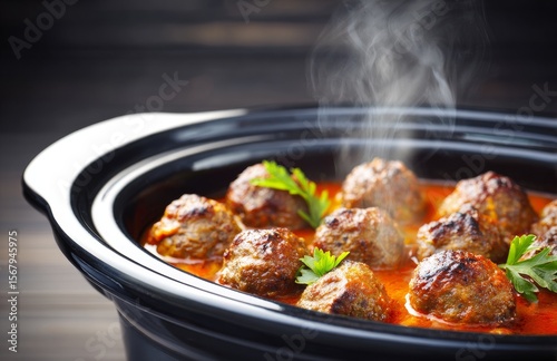 Classic Italian cuisine is exemplified by Bolognese sauce, which is mince meat cooked in tomato sauce, and is currently simmering in a slow cooker to produce a steaming hot, ready-to-eat dinner of