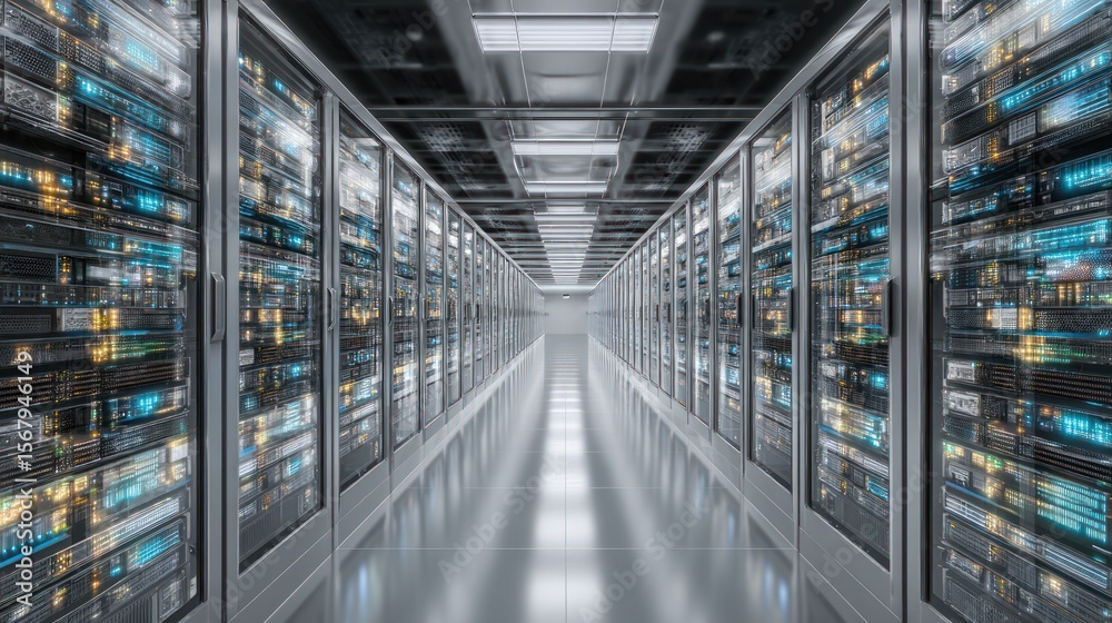 Fototapeta premium Data center server room corridor technology infrastructure and network systems
