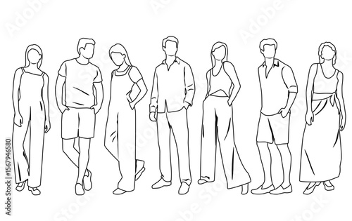 Vector silhouettes of men and women, group of standing  business people, profile, hand draw, linear sketch, black and white color, isolated on white background