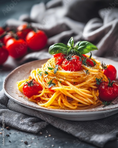 Spaghetti pasta with tomato sauce, parmesan cheese and basil