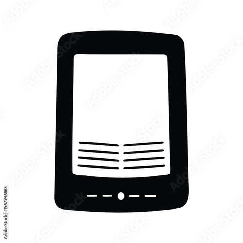 Stylized black and white depiction of an ereader device with simple design