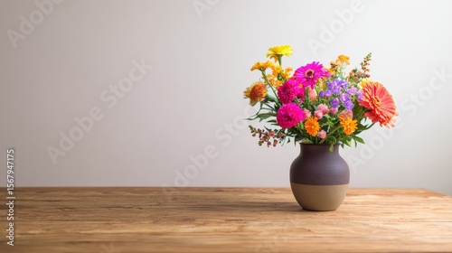 Wallpaper Mural Colorful bouquet of vibrant flowers in a vase on a rustic wooden table with a soft background, perfect for spring and summer themes. Torontodigital.ca