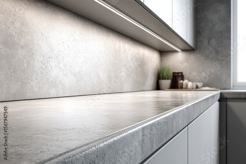 Modern kitchen interior design featuring a textured concrete countertop and wall, illuminated by subtle under-cabinet lighting, with a blurry background.