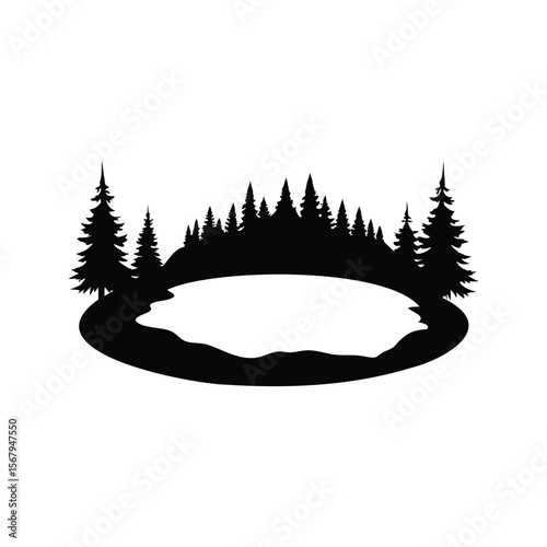 Silhouette of a tranquil lake surrounded by a dense evergreen forest