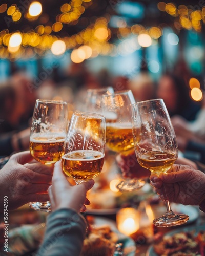 People clinking glasses of white wine with bokeh lights on background